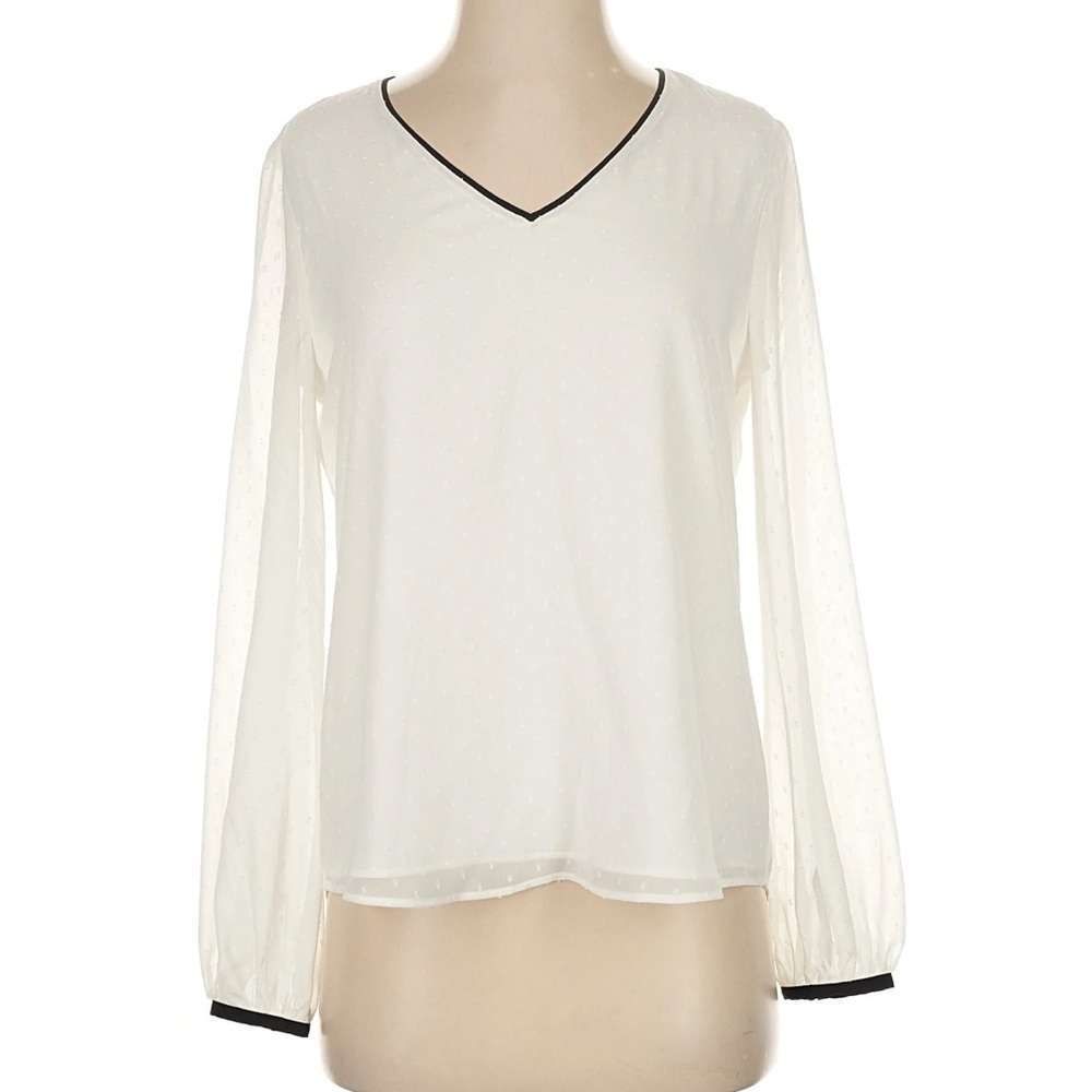 White House Black Market Ivory Sheer V-Neck Blouse with Black Trim